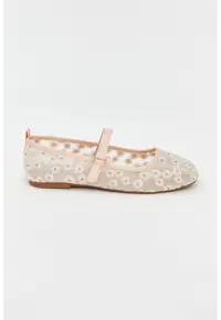 Balerini Mary Jane cu broderie florala - Roz somon