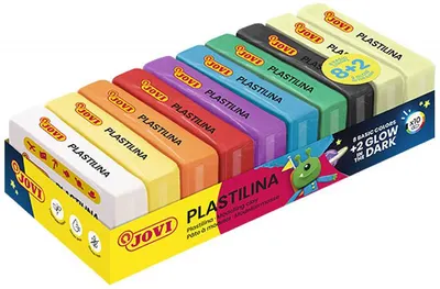 Plastilină Jovi - 8 culori x 50 g, cu 2 care luminează în întuneric