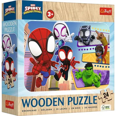 Puzzle din lemn pentru copii Trefl din 24 piese - Îndrăznețul Spidey și prietenii săi