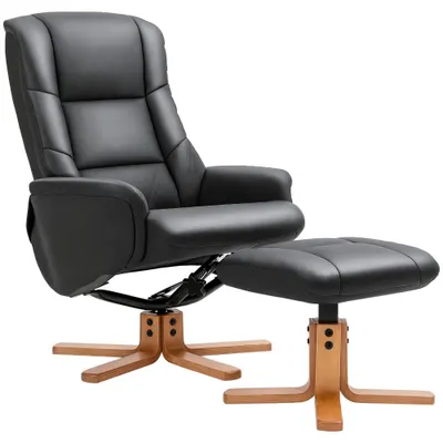 HOMCOM Relaxsessel cu Hocker, Funcție de culcare, Piele ecologică, până la 150 kg, 71 x 84 x 102 cm, Negru | Aosom Romania