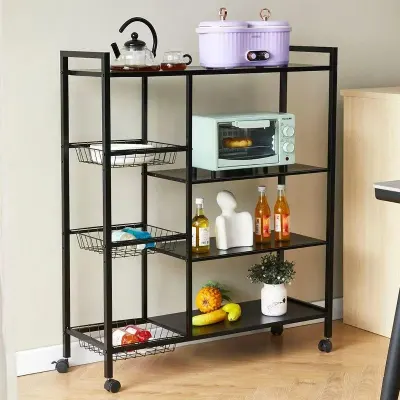 Raft metalic cu 4 polite si 3 cosuri pentru depozitare, portabil, 90 x 32 x 108 cm, negru