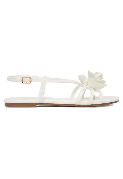Sandale dama piele ecologica - inchidere cu catarama - decoratiuni florale - Alb
