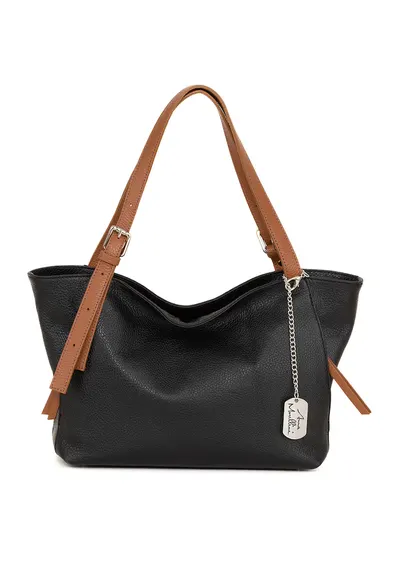 Geanta shopper din piele cu aspect granulat - Negru/Maro scortisoara