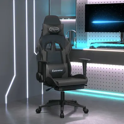 vidaXL Scaun de gaming cu masaj/suport picioare, negru/gri, piele eco