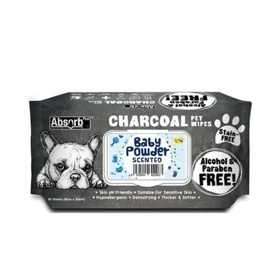 Servetele Umede pentru Caini Absorb Plus Charcoal, Baby Powder, 80 Bucati