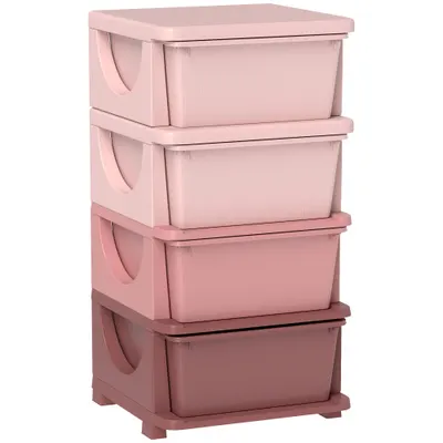 HOMCOM Cutii de depozitare pentru copii, 4 sertare, muchii rotunjite, design ridicat, 37x37x76 cm, Roz | Aosom Romania