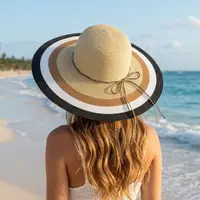 Pălărie de plajă damă Tiara bej cu negru și alb, din hârtie de paie, cu bor larg 44 cm, elegantă cu fundă