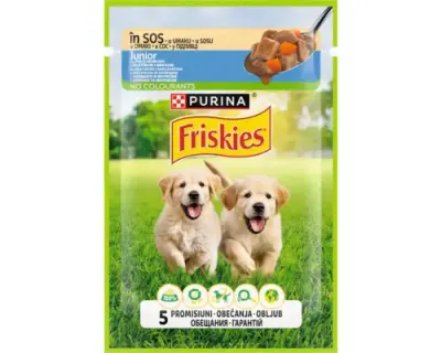 Hrana umeda pentru caini Friskies Junior cu pui mazare 85 gr