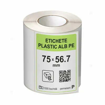 Rola etichete autoadezive plastic, PE alb, 75x56.7 mm, adeziv permanent, 1000 etichete rola