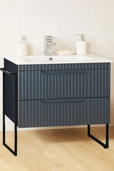 Set Baza front MDF si Lavoar seria 033, cu sertare, cadru metalic, montat, 80 cm, antracit