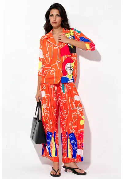 Set coordonat din doua piese - camasa cu maneca lunga si pantaloni largi - multicolor - poliester si lycra