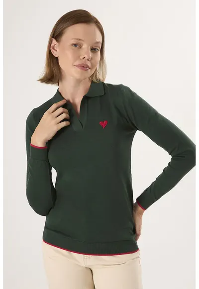 Pulover polo cu terminatie contrastante - Verde inchis
