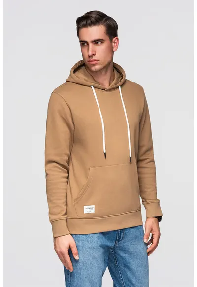 Hanorac din bumbac cu buzunar kangaroo - Maro camel