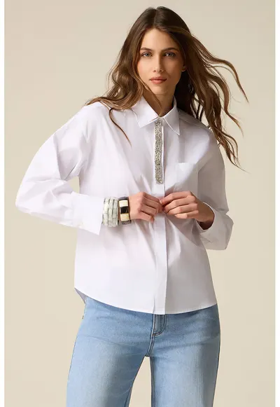 Camasa din poplin cu detaliu tip bijuterie - Alb