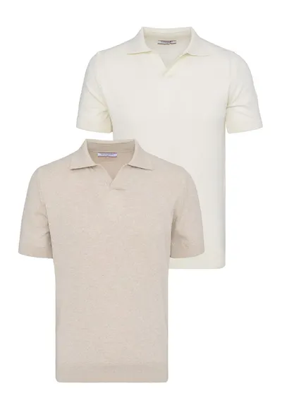 Set de tricouri din bumbac cu guler polo - 2 piese - Bej/Ocru
