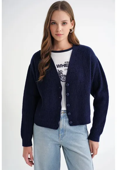 Cardigan dama - texturat - albastru marin - tricot - croiala lejera