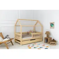Pat pentru copii în culoare naturală de tip casă/cu extensie suplimentară din lemn de pin cu spațiu de depozitare 90x200 cm Mila MBW – Adeko