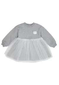 Rochie cu maneca lunga si iepuras - cu tull - - Little Ballerina - Gri Melanje - pentru fetite - Gri