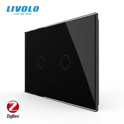 Intrerupator dublu, standard italian, dimabil, wireless Protocol Zigbee, cu panou sticla, 3M Negru