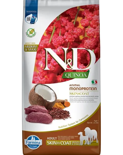 FARMINA N&D Quinoa Dog Adult Medium&Maxi Skin&Coat Venison & Coconut 7 kg Hrana uscata pentru caini, pentru piele si blana, cu vanat