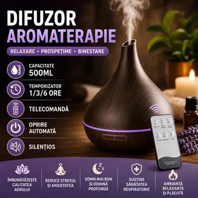 Difuzor de ulei esential, Aromaterapie, Umidificator de aer, Rezervor 500ML, Telecomanda si lumina veghe ajustabila STH-50