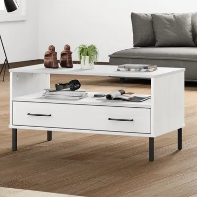vidaXL Măsuță cafea picioare metalice alb 85x50x45cm lemn masiv "OSLO"