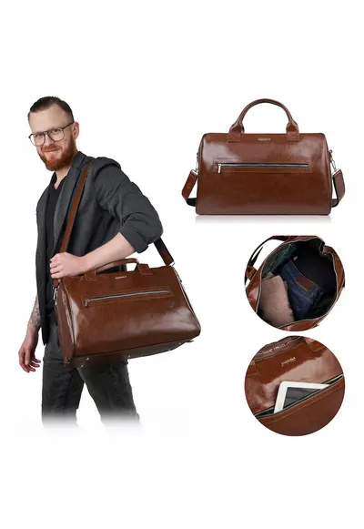 Geanta de voiaj - brødrene - r60 - universala - piele - eleganta - geanta de umar - cu curea reglabila - coniac - productie poloneza - material: piele naturala tabacita vegetal - inaltime 29 cm - latime 44 cm - adancime 26 cm - fermoar dublu metalic - ma