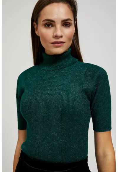 Pulover verde cu guler inalt - decorat cu fir metallic - Verde
