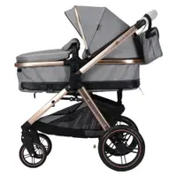 Carucior pentru copii Novokids X2000 series Gri 3 in 1 , spatar reglabil, reversibil, landou , geanta, cadru aluminiu Gold, amortizoare, roti din cauciuc, scoica auto, plasa insecte