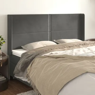 vidaXL Tăblie de pat cu aripioare gri închis 203x16x118/128 cm catifea
