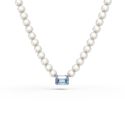 Colier din aur alb cu topaz albastru octogonal de 1.4ct si perle de cultura