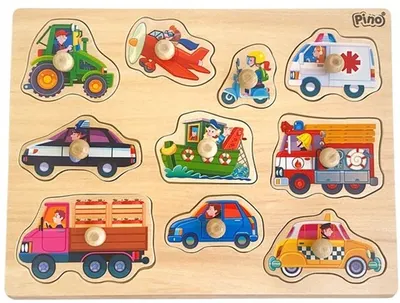 Puzzle din lemn pentru copii Pino - Autovehicule, cu manere, 10 piese