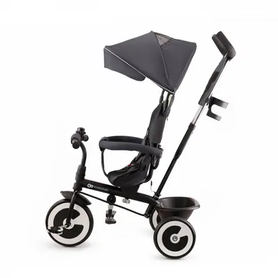 Tricicleta pentru copii Kinderkraft Aston Malachite Grey cu sezut reversibil, roti din spuma Eva, suport pentru picioare, copertina XXL, frana pe rotile din spate, de la varsta de 9 luni