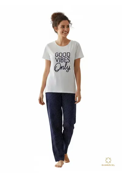 Pijama pentru dame cu tricou si pantaloni lungi - cu imprimeu - din bumbac - Albastru