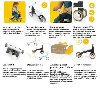 Tricicleta pentru copii fara pedale Berit Ride-On Skiddou Sky High Bleu, actionata cu picioarele, recomandata copiilor de la 1 an pana la 3 ani, cu roti din spuma EVA