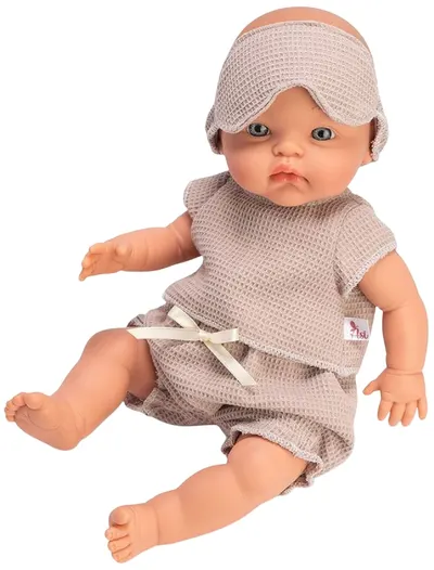 Păpuşă bebeluş Asi Dolls - Alex, purtând haine bej și o mască de somn, 36 cm