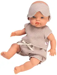 Păpuşă bebeluş Asi Dolls - Alex, purtând haine bej și o mască de somn, 36 cm