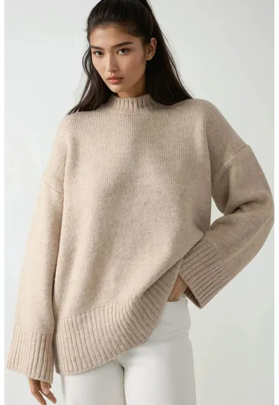 Pulover dama - tricotat gros - guler rotund - tricot - natural