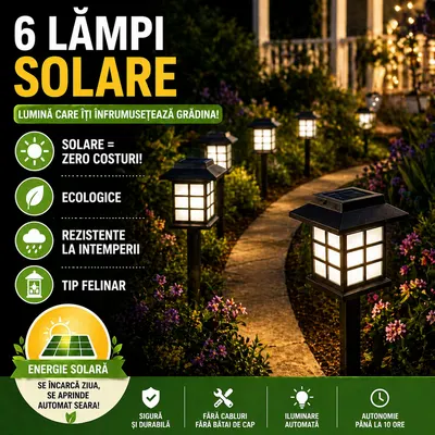 Set 6 lampi solare de exterior pentru gradina, Oprire/Stingere Automata, Cu tarus, Tip felinar, Decorative, Senzor de lumina, Rezistente la apa, Lumina rece