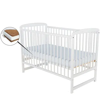 Patut din lemn bebe, 120X60 cm, Din lemn de pin, Stabil si rezistent, Inaltime saltea reglabila pe 3 nivele, Laterala cu 3 bete detasabile, EN716-1, EN716-2, Alb, Babyneeds, Ola + Saltea 8 cm