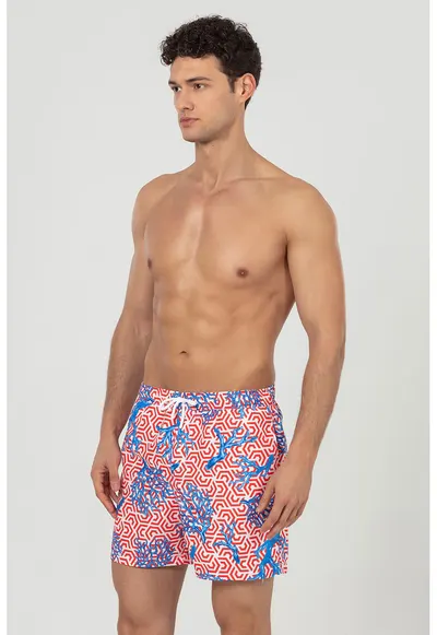 Pantaloni scurti de baie cu buzunare si snur - Albastru inchis/Alb optic/Rosu vermillion