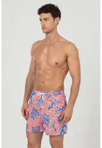 Pantaloni scurti de baie cu buzunare si snur - Albastru inchis/Alb optic/Rosu vermillion