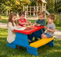 Masuta de picnic pentru 4 copii Dohany Picnic Albastru, utilizare interiorexterior, plastic rezistent UV, margini rotunjite, sarcina maxima 50kg