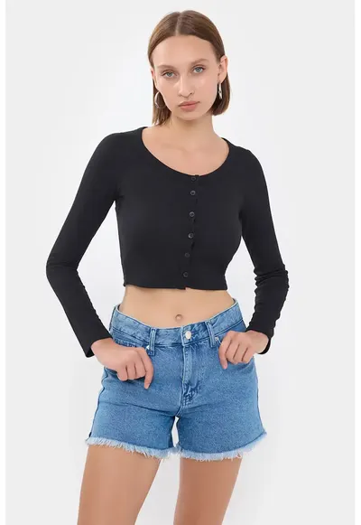 Top dama - top tesut cu guler rotund si detaliu cu nasturiwdqfwqd negru - jerseu - Negru