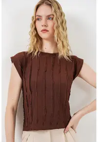 Bluza casual - regular fit - texturata - maro mocha - poliester-elastan