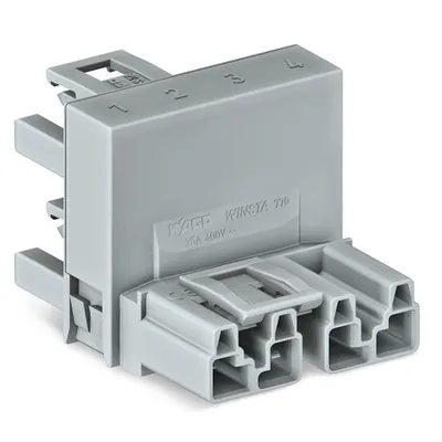 h-distribution connector; 4-pole; Cod. B; 1 input; 2 outputs; outputs on one side; 3 locking levers; for flying leads; gray