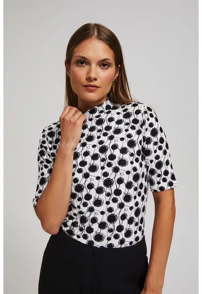 Bluza femei guler fals - imprimeu negru - alb murdar - Alb