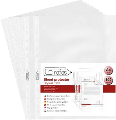 Folii pentru documente Grafos - Extra, A4+, cristal, 60 microni, 100 buc.