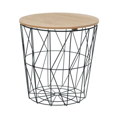 Masă rotundă cu coș de depozitare Jumi, MDF și bază metalică, negru și maro, 41x40x40 cm