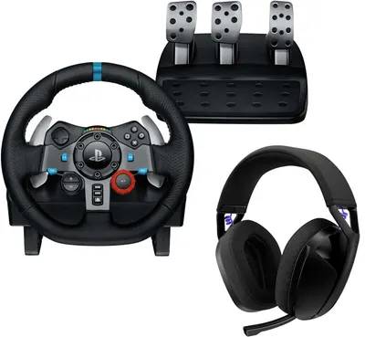 Volan cu pedale Logitech - G29 Driving Force + G321 Lightspeed, PS5/PS4/PC, negru